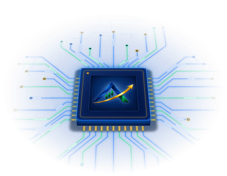 AI processor chip with the Aura Prime FX emblem, glowing blue and green circuit traces radiating outward