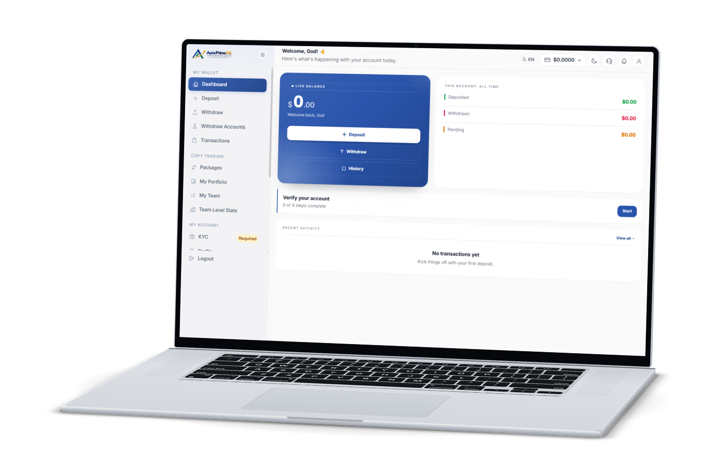 The Aura Prime FX account dashboard on a laptop, showing the live balance, deposit and withdraw buttons and account activity