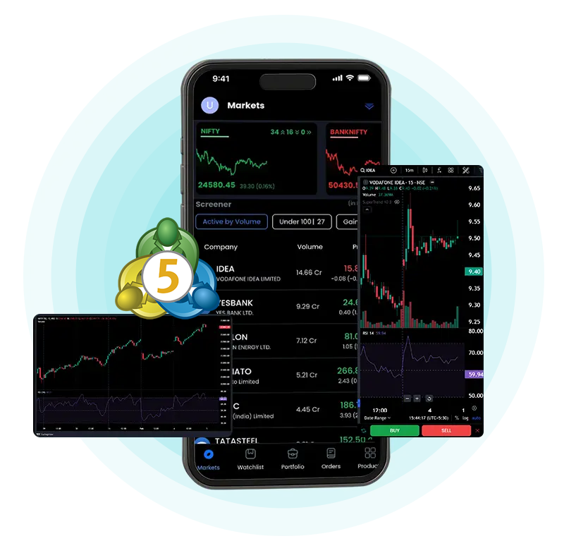 The Demo Company trading app on two phones, showing a GBP/USD chart and a market watchlist