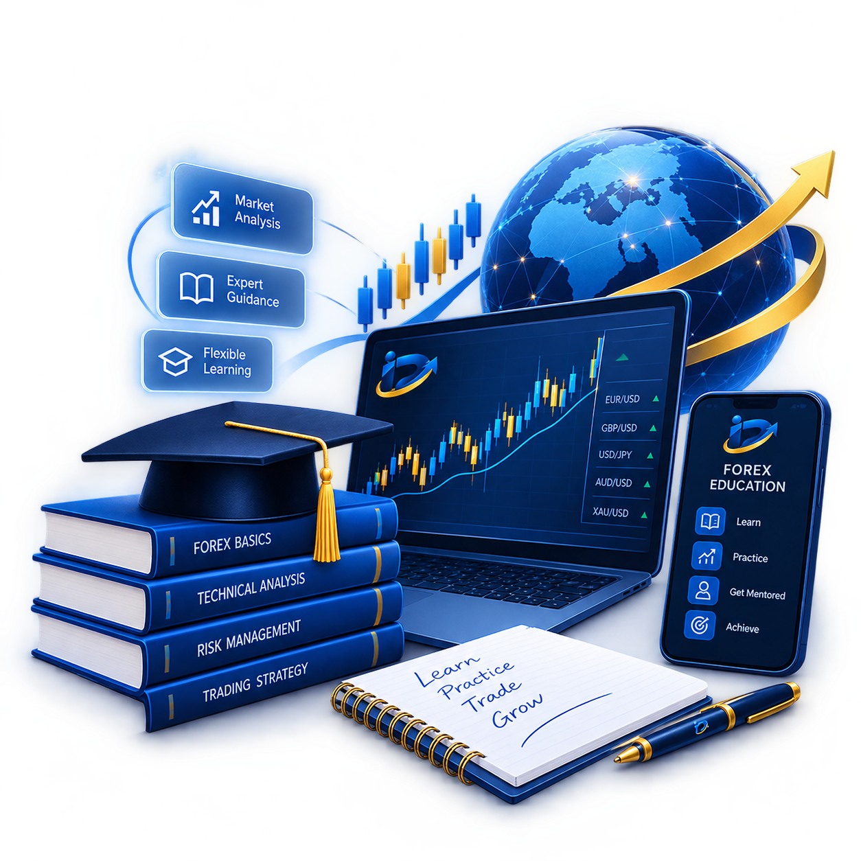 Trading education: books, laptop with charts and a graduation cap